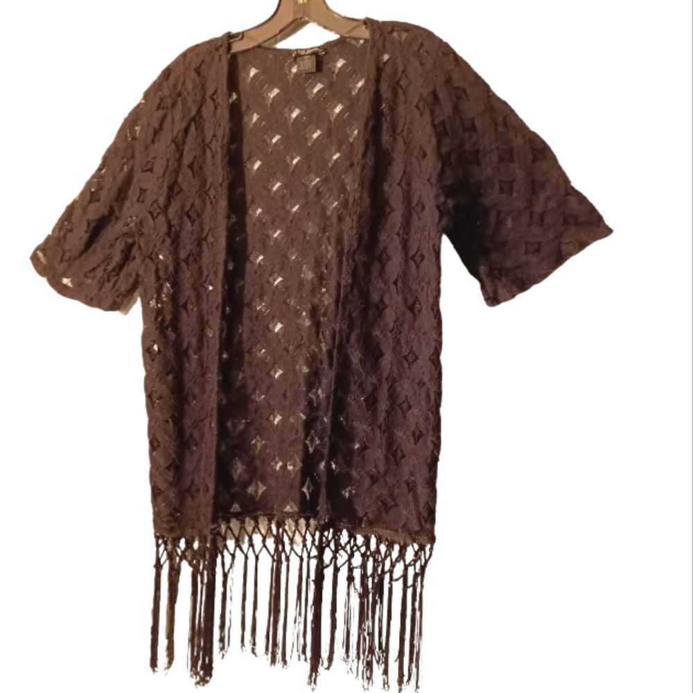 Black Fringe Open Front Crochet Cardigan Kimono Cover Up M